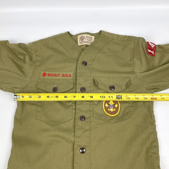 Vintage Olive Green BSA Boy Scout Uniform Shirt Long Sleeve 12 Neck Tenderfoot - Picture 11 of 16